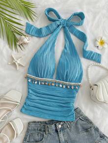 Soleia 女士夏季海滩度假风简约纯色纹理面料露背系带吊带上衣 - 淺藍色 - 查看 5