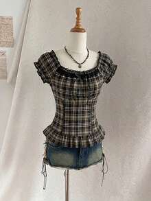 Attitoon Blusa con hombros descubiertos, volantes y cuadros en color café, top lindo para mujer - Café integral - Ver 8