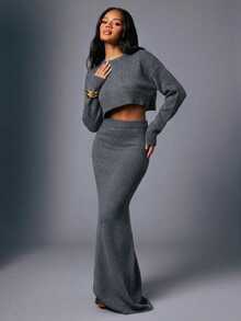 Hauture Sexy Casual Simple Basic Knitted Heather Melange Middle Rise Mermaid Sweater Maxi Skirt - Grey - View 1