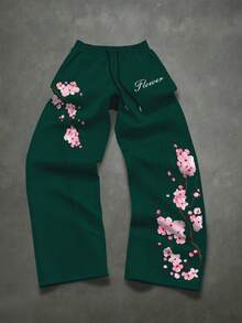 Manfinity EMRG Quần thể thao nam dáng rộng, có dây rút, họa tiết hoa, kiểu dáng thường ngày. - Màu xanh lá cây đậm - Xem 2