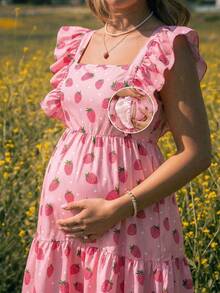 Lyckli Vestido de lactancia con mangas de vuelo y estampado de fresas para maternidad - Rosa - Ver 1