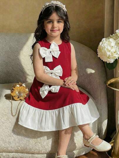 女童蝴蝶结装饰撞色无袖圆领连衣裙