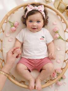 Vintaside Kids 3pcs Girls' Cute Mini Cherry Print Casual Loose Short Sleeve T-Shirt And Shorts Set, Suitable For Summer - Multicolor - View 4