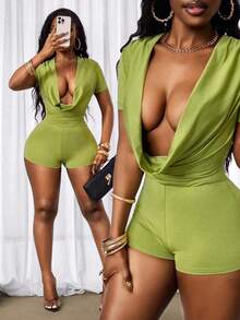 BamGleam Women's Neon Green Plunging Neck Short Sleeve Sexy Romper Bodysuits For Women Romper , Summer Clothes  , Summer Outfits For Women , Summer Outfits ,  Summer Outfit For Women ,Vacation Outfits Women Women Vacation Outfit Sets Yacht Outfit Women Matcha Holiday Outfits For Women Boat Cruise Outfit Women - Green - View 6