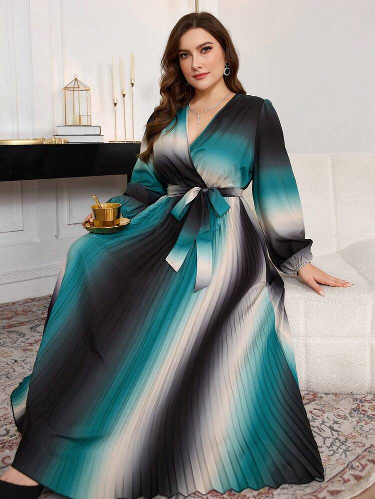Modelyn Elegant Criss Cross V-Neck Printed Plus Size Dress Maxi Women Outfit Long Evening Dresses - Multicolor - View 4