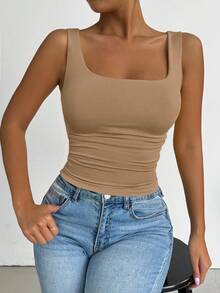 Elenzga Áo tank top không tay cổ vuông cỡ lớn dành cho nữ, thích hợp cho mùa xuân/hè, đi nghỉ mát, áo tank top trắng cơ bản để đi chơi. - Nhiều màu - Xem 3