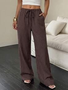 Easowa Women's Striped Tie-Waist Straight Leg Loose Casual Pants - Brown - View 3