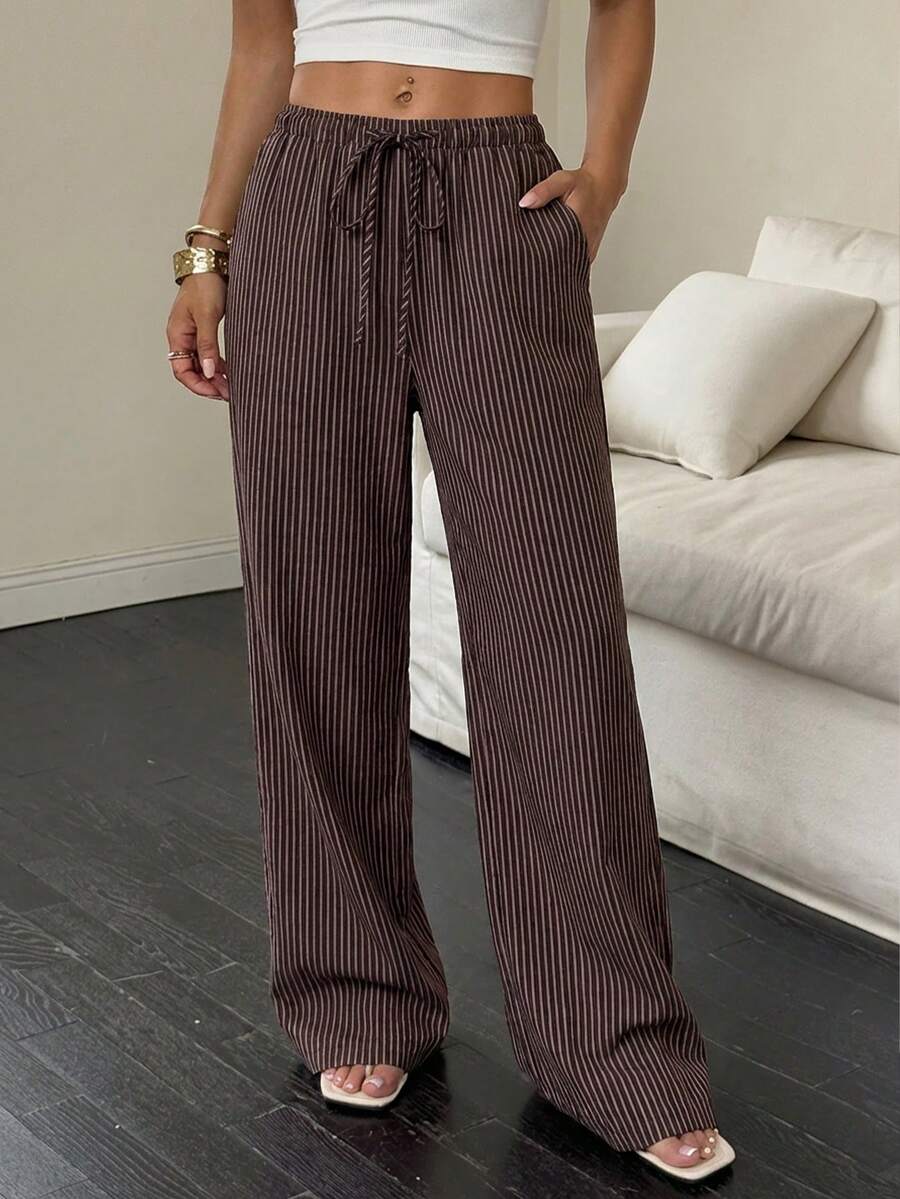 Easowa Women's Striped Tie-Waist Straight Leg Loose Casual Pants - Brown - View 1