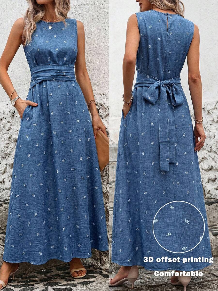 Solivie 女士植物图案圆领无袖休闲口袋连衣裙 - 藍色 - 查看 1