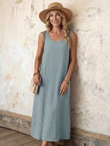 EMERY ROSE Women Loose Texture Round Neck Simple Summer Tank Dress - Dusty Blue - View 3