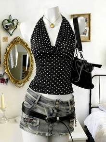 Lalippa Women's Polka Dot Print Draped Neck Fashionable Vacation Top - Multicolor - View 3