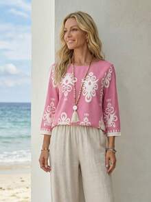 EMERY ROSE Blusa informal holgada de mujer con cuello redondo y mangas 3/4 con estampado floral de vacaciones - Rosa - Ver 3