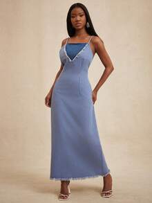 NYA SZN Đầm denim hai dây nữ kiểu dáng thanh lịch, phối tua rua, thắt eo, thích hợp cho các buổi tiệc và tụ họp. - Rửa trung bình - Xem 3