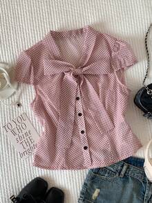 Comfortcana Women's Elegant Pink Polka Dot Tie Neck Cap Sleeve Blouse,Summer Tea Party Casual Top,Holiday Y2k Work Outfits,Country Style Button Front Shirt - Pink - View 7