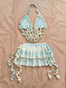 Soleia Conjunto de top halter de punto con volantes y falda midi de punto con doble volante para mujer - Multicolor - Ver 3