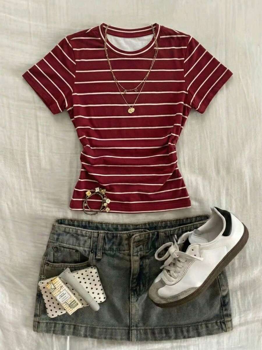 Glimmora 女士束腰条纹T恤，休闲条纹，通勤时尚百搭，夏季 - 彩色 - 查看 1