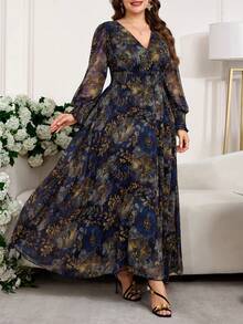 Reflora 大码优雅印花V领系腰连衣裙，秋季款 - 彩色 - 查看 11