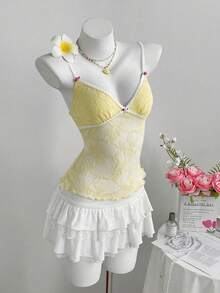 Elamini White And Yellow Summer 1960s Vintage 70s Retro Party Women's V-Neck Lace Ruffle 3D Flower Bow Tie Backless Camisole Tank Top Italian Corset Camis - Light Yellow - View 5