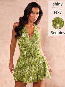 Glamine 女士V领露背系带亮绿色连衣裙，春夏款，新年装扮。春夏装扮，春季服装，女士夏季服装，夏季度假装，女士节日服装，沙滩裙，亮片裙，圣帕特里克节女士性感夏季连衣裙，女士太阳裙 - 綠色 - 查看 3