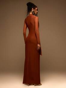 MUSERA Slinky High Neck Trim Drape Detail Fitted Long Sleeve Maxi Dress Spring Summer Elegant Vacation Holiday Ibiza Club Occasion Sexy Evening Wedding Guest Sunset Kiss - Orange - View 4