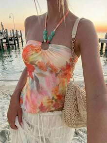 Aloruh 女士印花露背系带性感百搭上衣，适合约会和外出穿着 - 彩色 - 查看 6