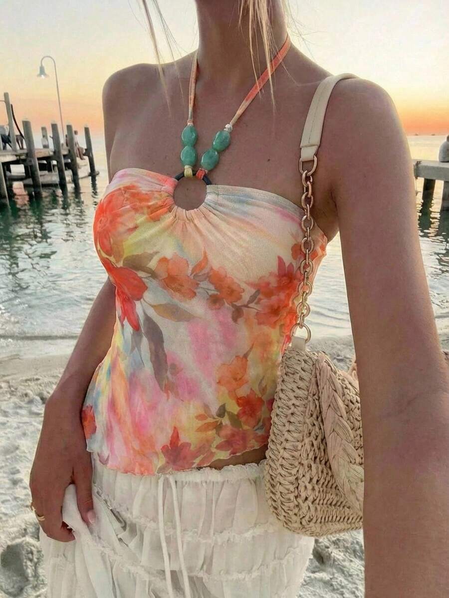 Aloruh Áo kiểu nữ in hoa, cổ yếm, buộc dây, gợi cảm, đa năng, thích hợp cho hẹn hò và đi chơi. - Nhiều màu - Xem 1