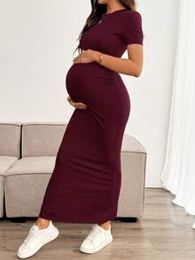 SHEIN Maternity Solid Color Round Neck Raglan Short Sleeve Fitted Split Hem Dress - Burgundy - View 3