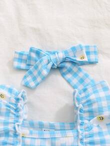SHEIN Playful Pals 1件新生女嬰可愛白色花卉印花方領荷葉袖夏季無袖休閒太陽裙附髮帶，適合度假、拍照 - 藍色 - 查看 5