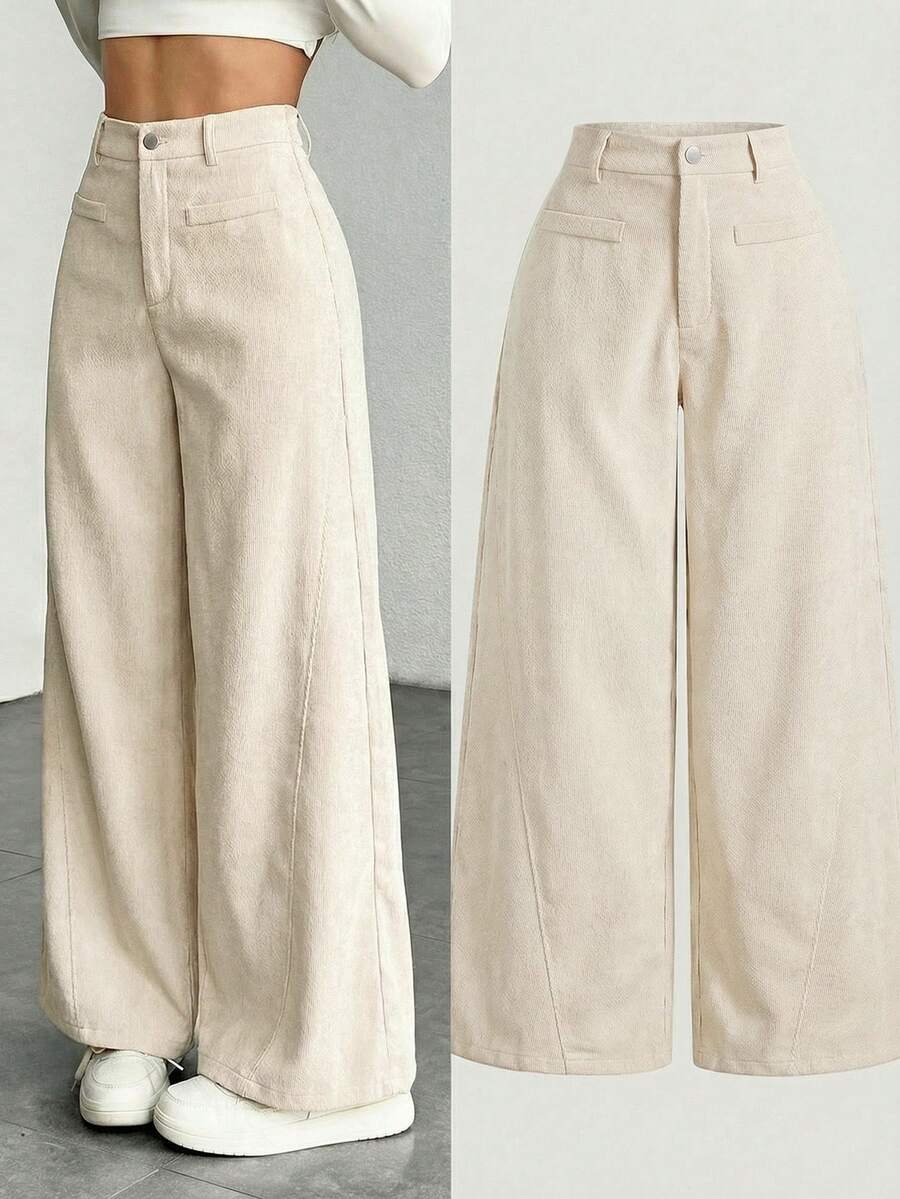 SHEIN 少女纯色复古简约灯芯绒罗纹裤，卡其色阔腿裤，秋冬长裤 - 杏色 - 查看 1