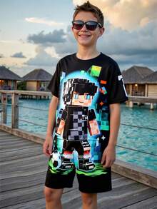 2pcs/Set Boys' Summer Short Sleeve T-Shirt And Shorts Set,Black Casual City Break Style,Digital Printing Anime Character Pixel Design,Loose Fit,Daily - Blue - View 9