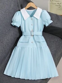 SHEIN Girls Back To School Summer Elegant Pleated Dress Tween Textured Fabric Hem Midi Length Flowy Fabric - Blue - View 4