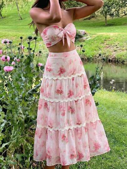 KARISMINA Women's  Sping Summer Romantic Fashionable Elegant Casual Romantic Floral Print 2-Piece Set, Purple 2-Piece Set & White 2-Piece Set, Spring/Summer,Vacation Outfits Women,Party Dress,Elegant Dresses For Party,Wedding Guest Dress For Women,Graduation Dress,Ladies Pink Two-Piece Set & Ladies Purple Two-Piece Set,Spring Women,Beach Outfit For Women