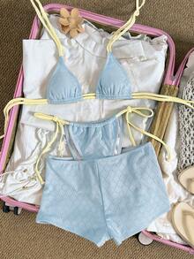 Bonvoyette Bộ đồ bơi nữ 3 món màu vàng, vải, màu xanh dương, kiểu buộc dây bên hông, cổ yếm. - Màu xanh lam - Xem 7