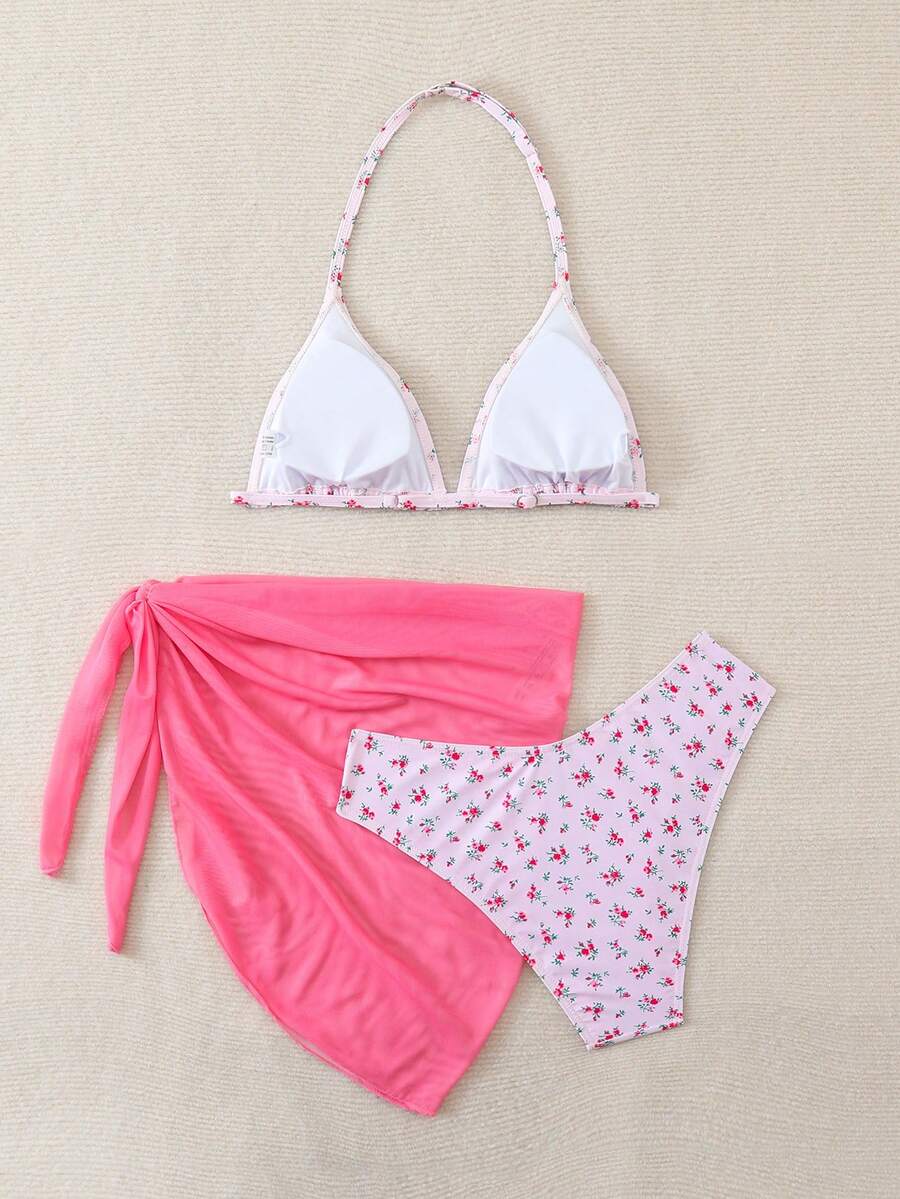SHEIN Teen Girls 3 Pieces Pink Ditsy Floral Bikini Sets With Sarong Beach Cover-Up,Tie-Knot Bottoms & Skirt,Summer Holiday Bathing Suit Girl's Swimwear - Pink - View 1