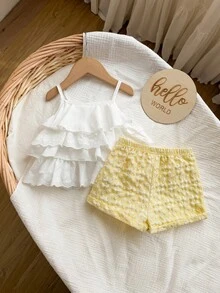 Babygirl Summer Cute Vacation Ruffle Camisole Top And Plaid Shorts Set - Yellow - View 2