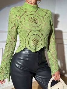 Glamine 女士镂空花卉长袖绿色透视上衣，约会之夜 - 綠色 - 查看 4