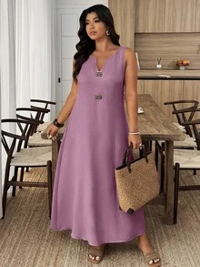 Breezaya 大码纯色V领无袖休闲度假连衣裙 - 淡紫色 - 查看 3