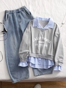 SHEIN 2pcs/Set Girls' Casual Striped Patchwork Lapel Fresh Commuting Style Denim Pants Outfit, Suitable For Outdoor And Daily Wear - Grey - View 4