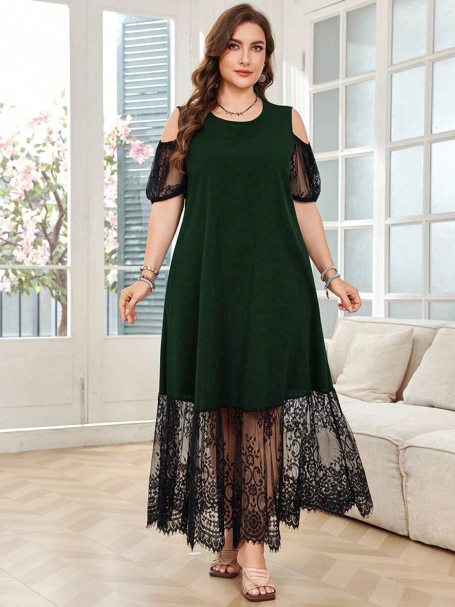 Lacomfia Vestido elegante de talla grande con encaje de contraste y hombros descubiertos, para verano - Verde - Ver 1