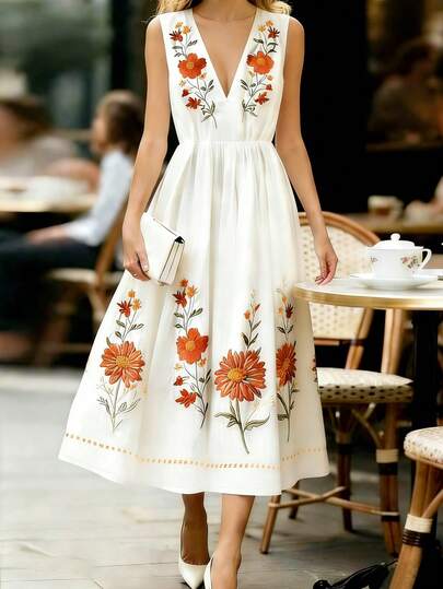 Franclia Countryside Style White Sleeveless V-Neck Waist Dress, Artistic Vibe For Summer Vacation And Commute