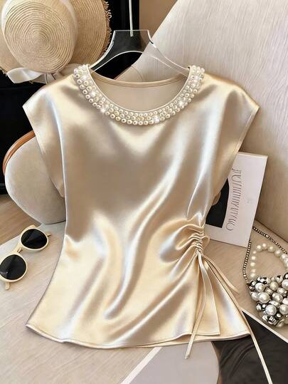 Franclia Plus Size Elegant French Pearl Collar Satin Waist Sleeveless T-Shirt Blouse, Casual & Vacation Wear, Spring/Summer