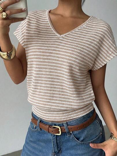 Siren Gaze Blusa de mujer de manga corta con cuello en V minimalista a rayas, para uso casual diario