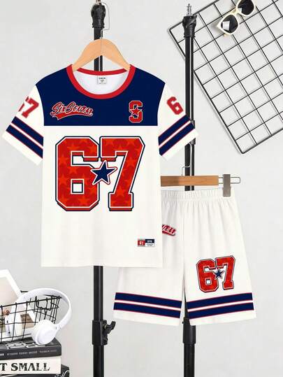 SHEIN Streecool Kids 5pcs/Set Tween Boy Casual Fashionable Creative Personalized Refreshing High-End Minimalist Star, Numeric 67, Striped, Slogan Graphic Print Short T-Shirt And Shorts Suit, Comfortable Daily Wear, Cozy Summer Styles Suitable For Spring/Summer