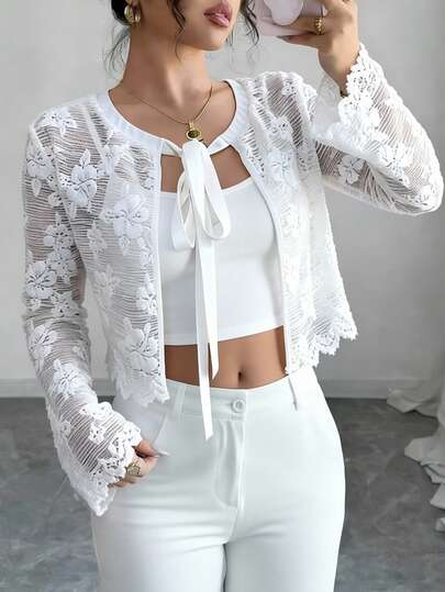 Selianne Women's Solid Color Embroidered Front Tie Sheer Long Sleeve Blouse