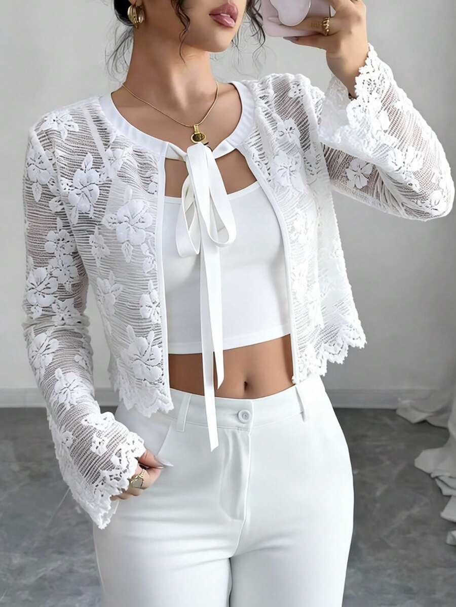 Selianne Damen Bluse mit einfarbiger Stickerei, Bindeband vorne, transparente Langarm - Weiss - Übersicht 1