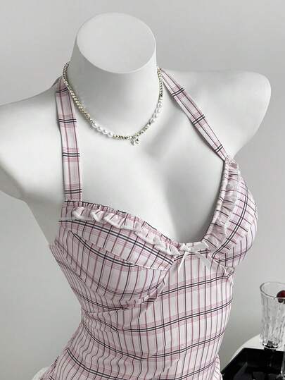 Elamini Women's Shirred Bowknot Decor Halter Backless Camisole Top