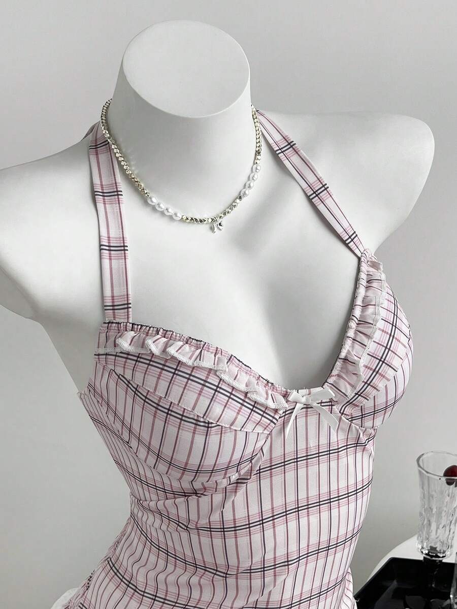 Elamini 女士褶皱蝴蝶结装饰露背吊带背心 - 粉色 - 查看 1