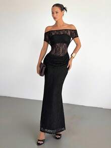 Siren Gaze 优雅蕾丝镂空无袖修身连衣裙，露肩婚礼宾客礼服，新娘礼服，节日礼服 - 黑色 - 查看 1