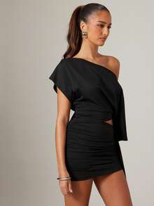 Hauture Women's Off Shoulder Side Slit Draped Mini Dress - Black - View 3