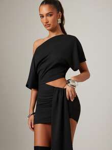 Hauture Women's Off Shoulder Side Slit Draped Mini Dress - Black - View 6